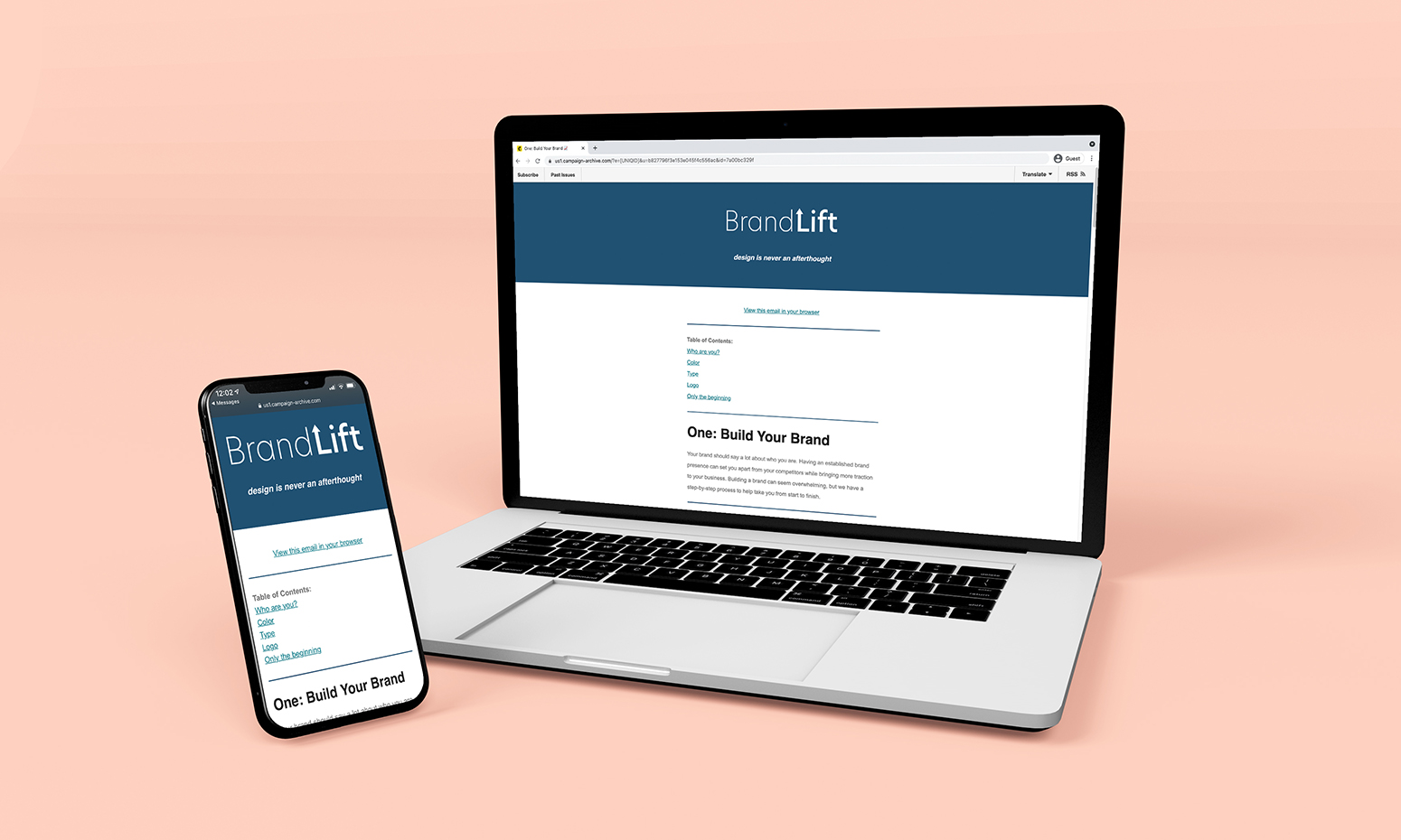 Image of a smartphone and a laptop showing an example BrandLift email newsletter.